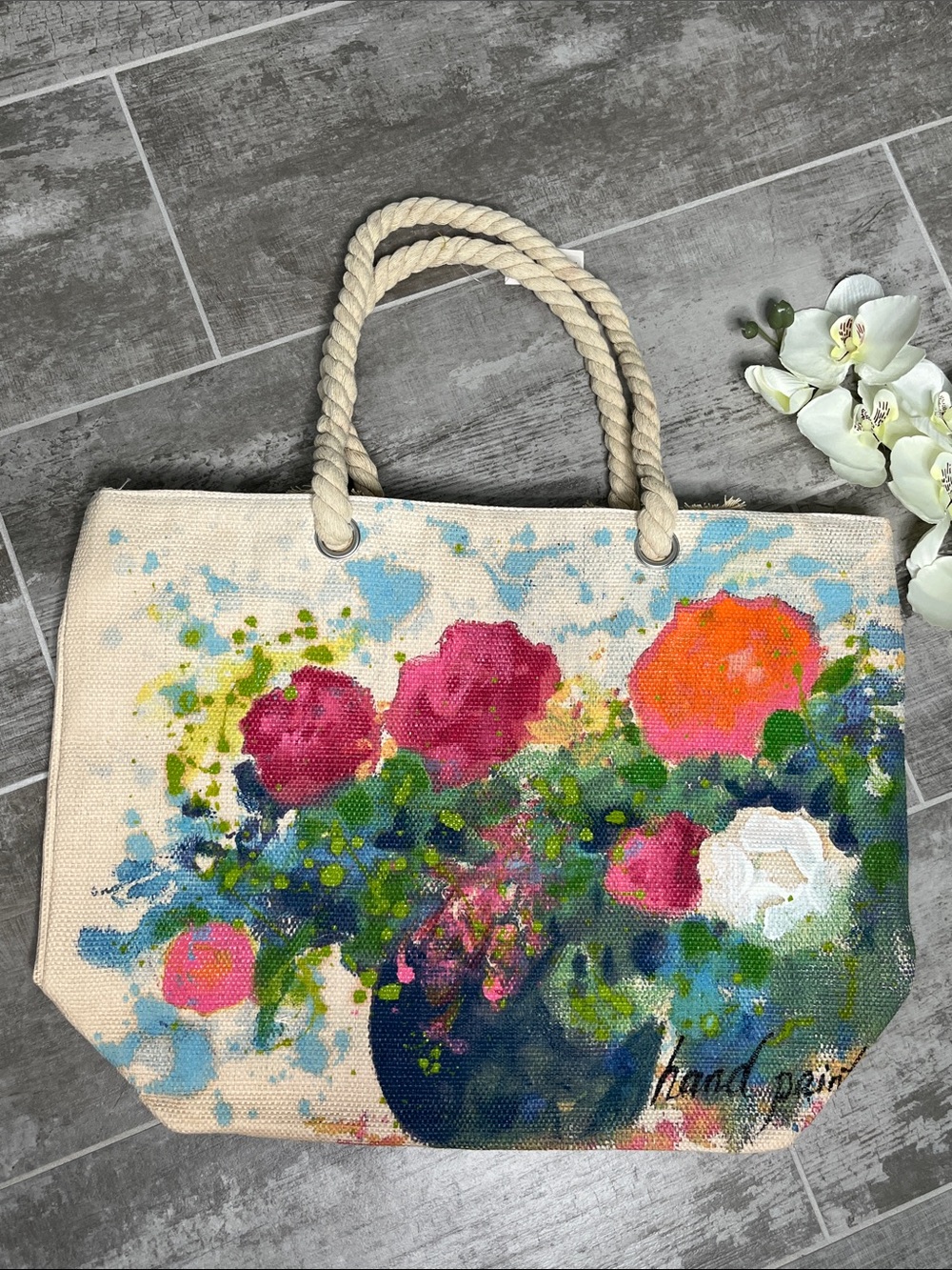 Floral Canvas Tote Bag with Rope Handles - Pink & Blue Bouquet